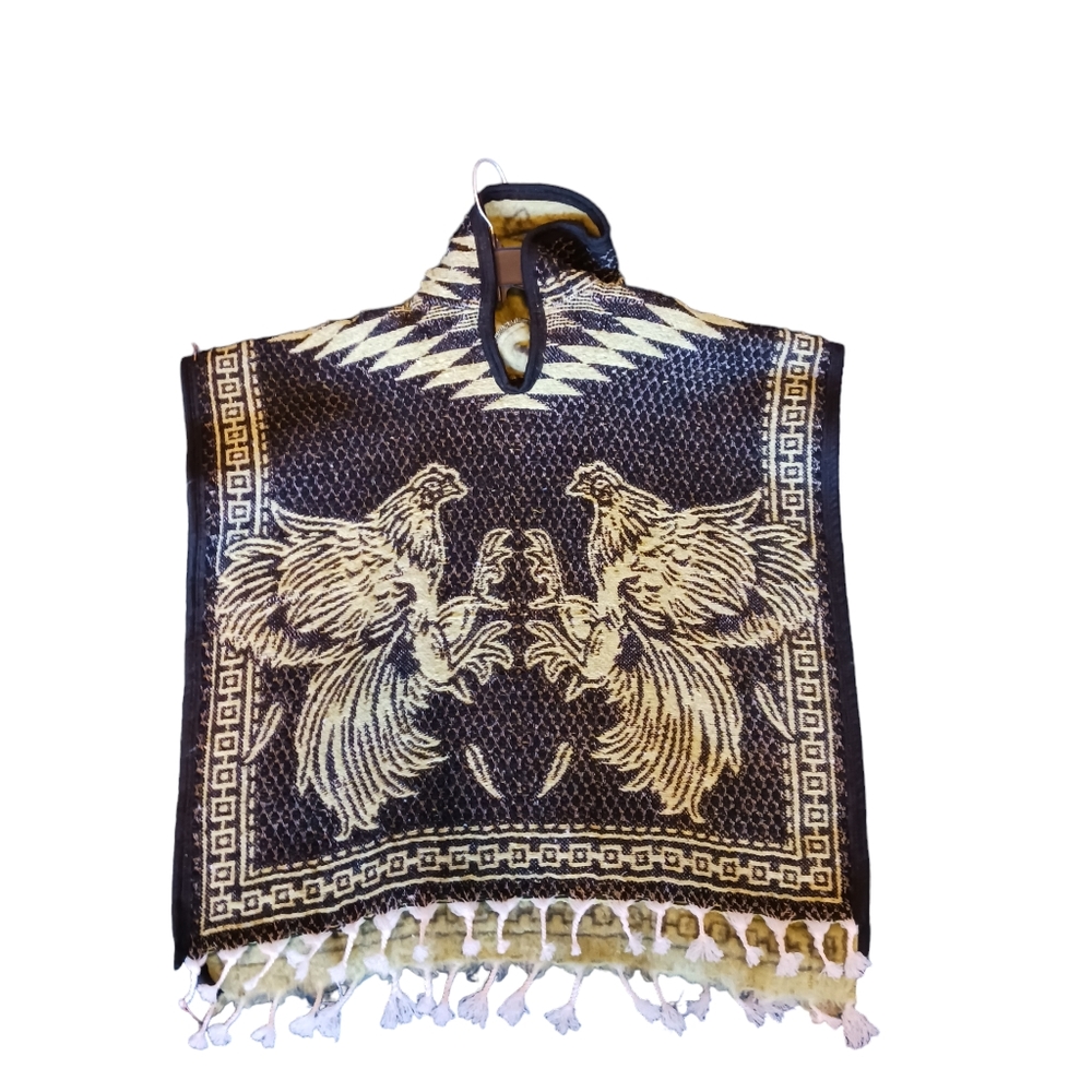 Mexican Poncho For Kids Or Small Adult, One Size Rooster Design Light Green